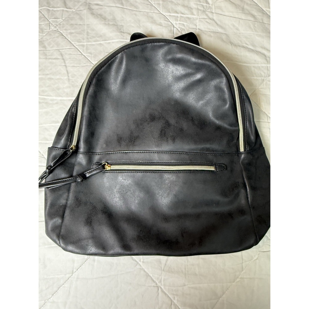 Black Faux Leather Backpack Zip Front Pocket Adjustable Straps